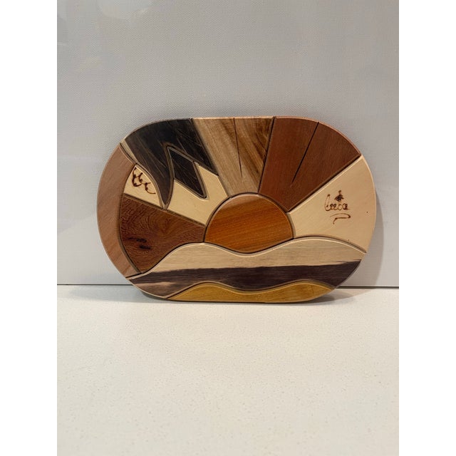 Late 20th Century Artisan Wooden Intarsia, Sunset Over Beach Waves, Signed. For Sale - Image 10 of 11