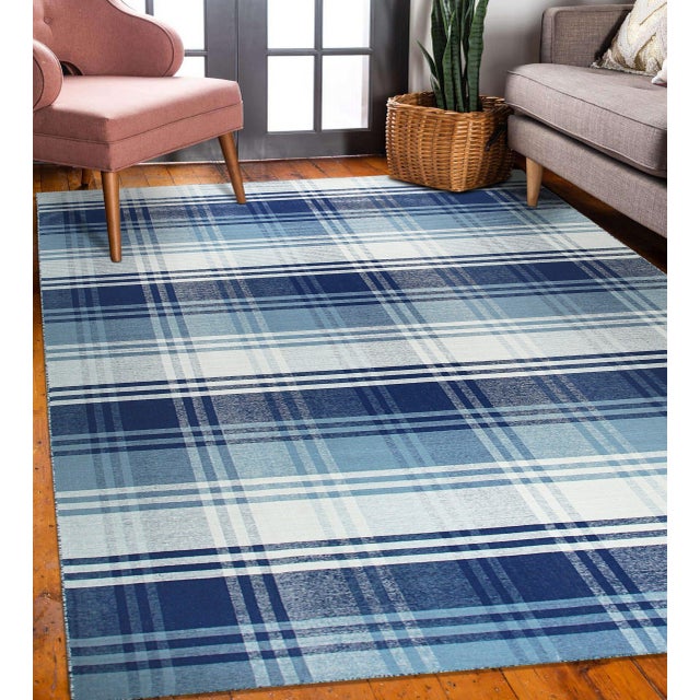 2020s 12x15 Sophisticated Elegant Blue Large Scale Plaid Geometric Flatweave Wool Rug For Sale - Image 5 of 9