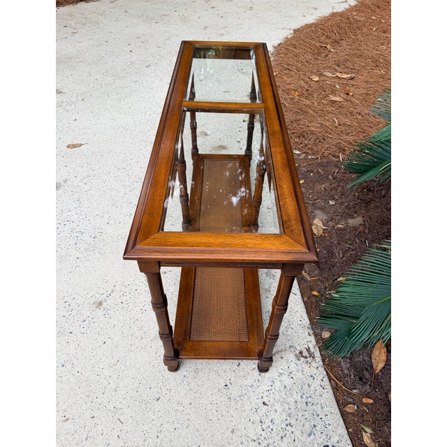 1970s 1970s Walnut Two Tier Glass Top Console Table With Faux Caning Shelf For Sale - Image 5 of 12