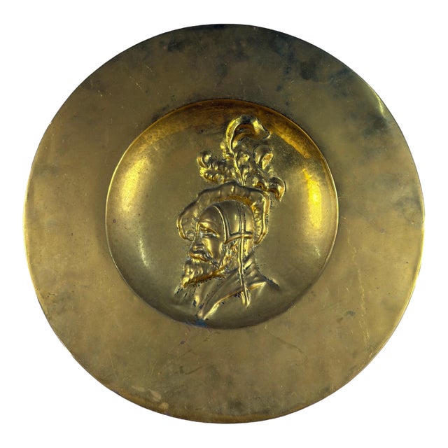 Early 20th Century Antique English Repoussé Brass Wall Charger With Renaissance Portrait For Sale