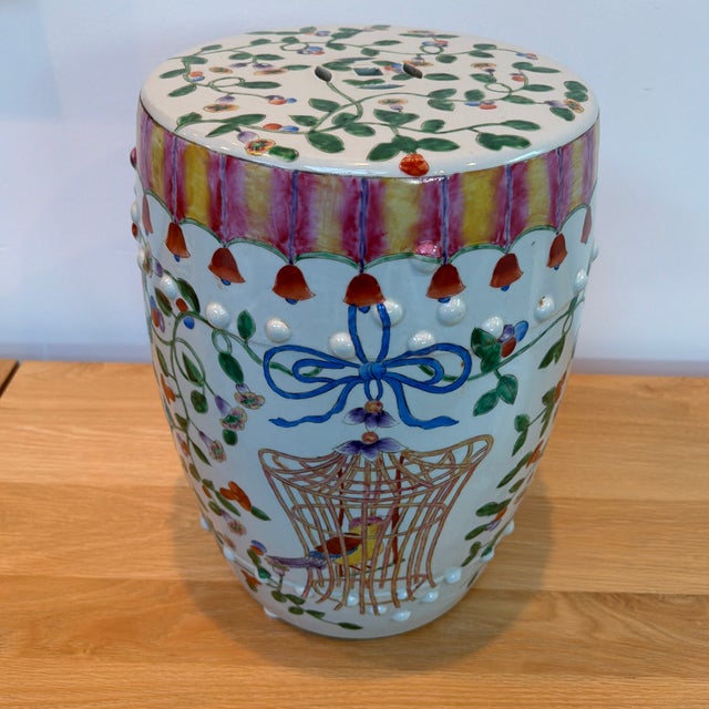 Whimsical and wonderfully decorative ceramic garden stool by Altfield Hong Kong, featuring an exuberant hand-painted...
