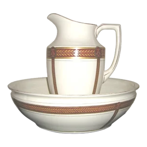 Antique Boch Freres Keramis Belgium Neoclassical Large Pitcher Basin Wash Stand Set