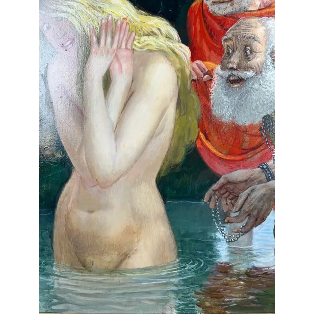 Mythological or Allegorical Scene W Bathing Female Figure Oil on Canvas, Framed 1980's For Sale - Image 11 of 16