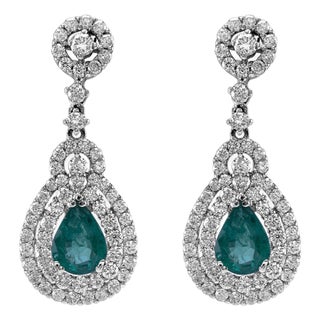 3.55ctt Pear Emerald & Diamond Drop Necklace 18-Karat White Gold, Pair For Sale