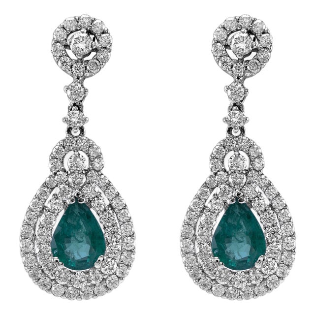 3.55ctt Pear Emerald & Diamond Drop Necklace 18-Karat White Gold, Pair For Sale