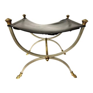Late 20th Century Vintage Italian Curule Stool With Brass Hooves For Sale