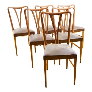 Vintage Chairs in Curved Wood and Eco-Leather, 1950s, Set of 6 For Sale