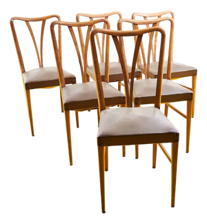 Vintage Chairs in Curved Wood and Eco-Leather, 1950s, Set of 6