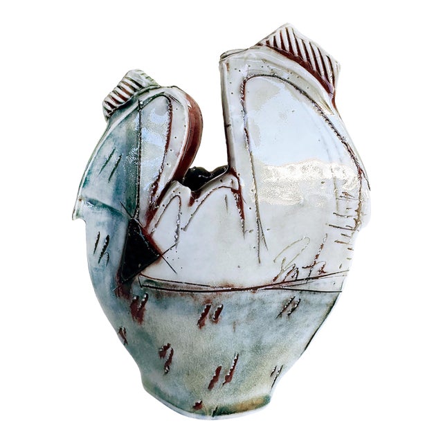 Vintage Slab-Built Studio Pottery Abstract Glazed Vase, Terracotta For Sale