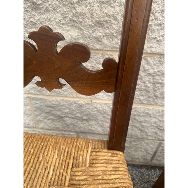 Vintage Italian Carved Walnut Rush Seat Dining Chairs – Set of 6 For Sale - Image 10 of 12