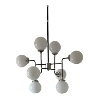 Restoration Hardware Bistro Globe Milk Glass Chandelier - Black & Polished Nickel For Sale
