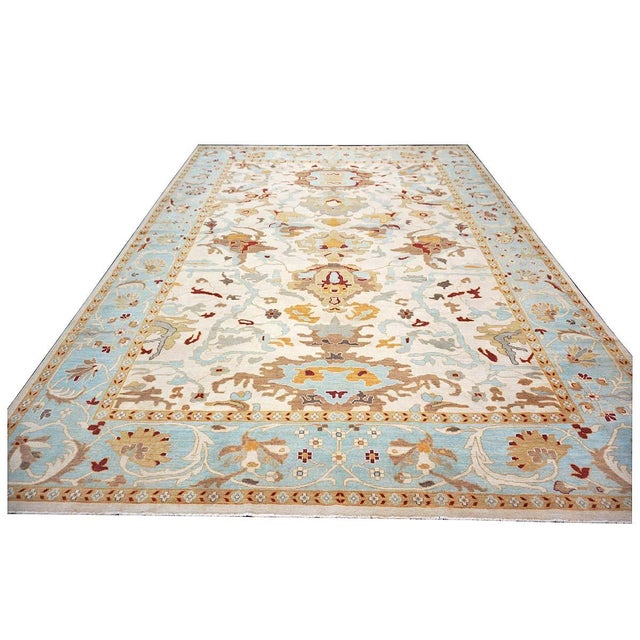 Afghan Wool Sultanabad Master 10x14 Blue, Tan & Ivory Handmade Area Rug #1143655 For Sale - Image 4 of 9