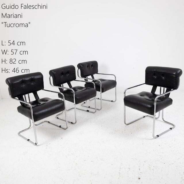 Set consisting of four Tucroma armchairs designed by Guido Faleschini for Mariani. Chrome-plated tubular steel frame with...