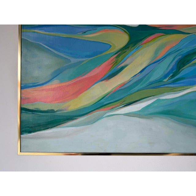 Aqua 1970’s Vintage Expressionist Abstract Acrylic on Canvas Painting in Gold Aluminum Frame For Sale - Image 8 of 12