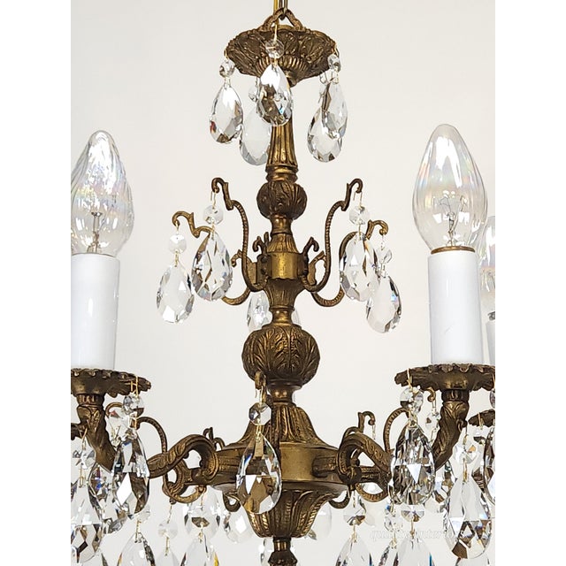 Antique 5 Arm 5 Light Dark Patina Ornate Brass Cut Lead Glass Crystal Chandelier For Sale - Image 4 of 12