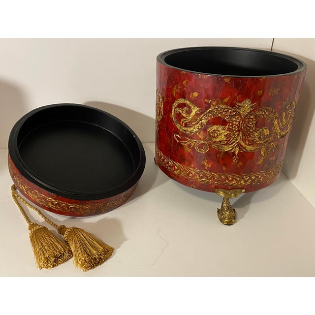 Maitland - Smith Monumental 14" Graduated Trio of Maitland-Smith Tessellated Stone Canisters - Imperial Red & Gold Leaf For Sale - Image 4 of 18