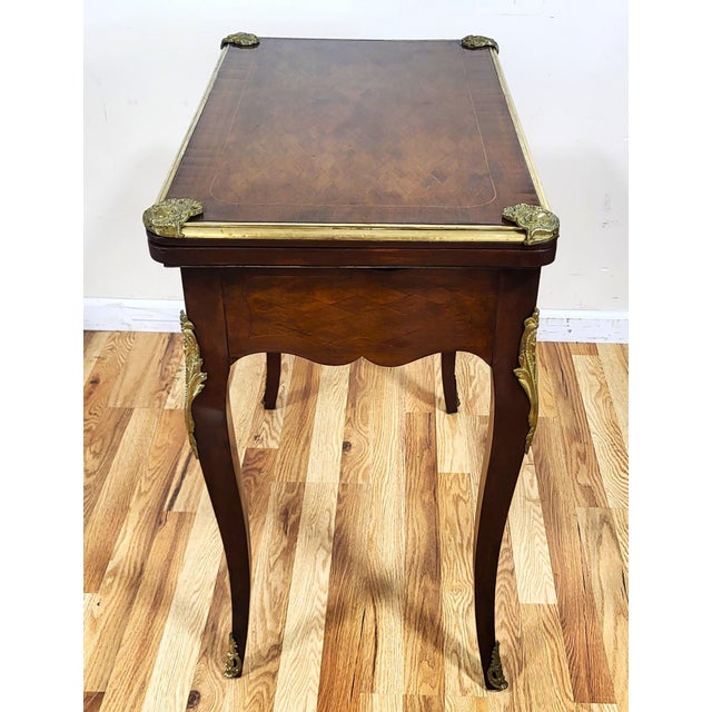Wood Antique French Bronze & Inlaid Mahogany Flip Top Game Table Desk For Sale - Image 7 of 18