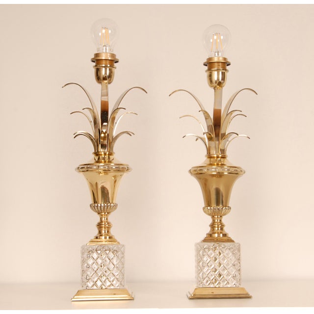 A pair (2) Mid-century French reed- or golden palm leaves table lamp Style: Mid Century, Hollywood Regency, Vintage,...