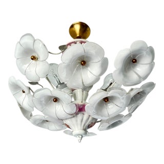 Vintage White Murano Style Floral Chandelier | Italian Art Deco Ceiling Light | 1980s Glass Flower Lighting For Sale