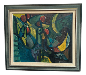 Eyvind Olesen, Chicken Composition, 1950s, Oil on Canvas, Framed