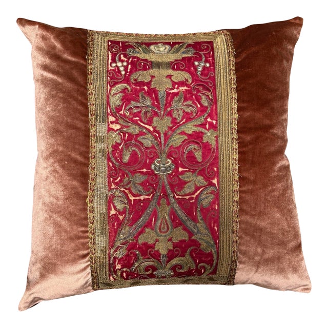 Antique 18Th C Textile Champagne Silk Velvet & Gilt Thread Pillow For Sale