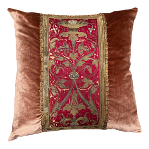 Antique 18Th C Textile Champagne Silk Velvet & Gilt Thread Pillow