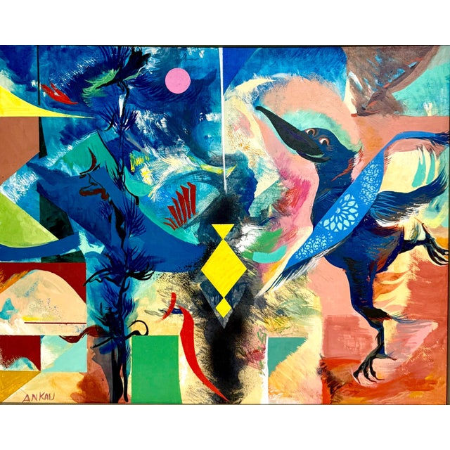 Andrene Kauffman (American, 1905-1993) Alter Ego. Surrealist circus or zoo scene with flying animals on an abstract color...