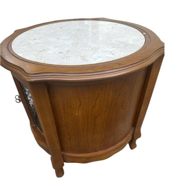 French Provincial 1950s Set of Walnut French Provincial Round Cabinets With Inlaid Marble Tops For Sale - Image 3 of 11