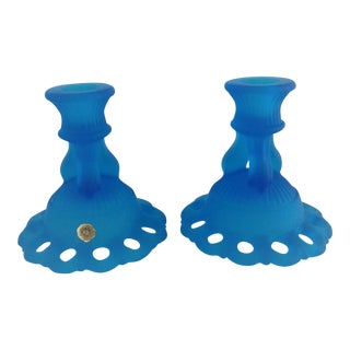 1960s Mid-Century Westmoreland Art Glass Candle Holders in Blue Satin Mist, Doric Open Lace Pattern - a Pair For Sale