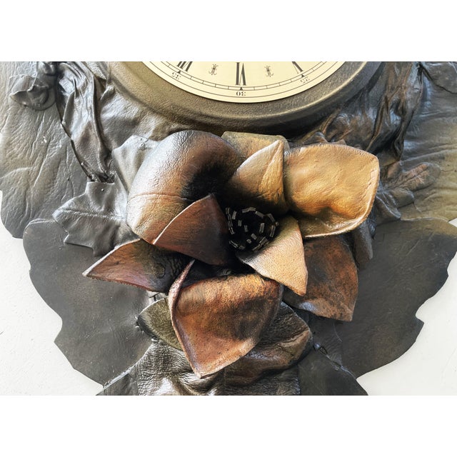 1980s Large Handcrafted Wall Clock in Leather, 1970s For Sale - Image 5 of 9