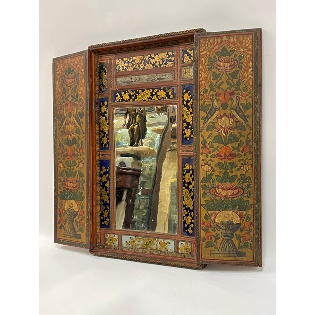 Persian Antique Persian Polychrome Wooden Wall Wedding Mirror For Sale - Image 3 of 11