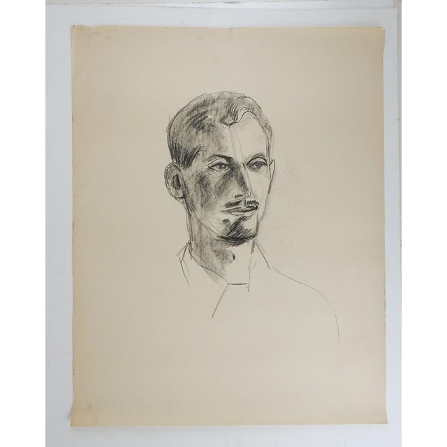 Vintage 1950 charcoal on paper portrait drawing of man with mustache by Geneva Flores Hart (1906-2008) Texas. Unsigned,...