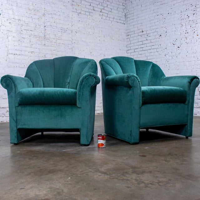 1980’s Art Deco Revival Hollywood Regency Channeled Fan Back Club Chairs W/Teal Chenille Fabric by Perfection Furniture, a Pair For Sale - Image 12 of 18