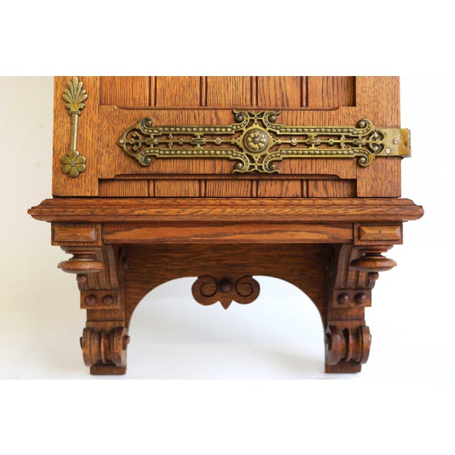 Arts & Crafts Hand-Carved Oak Wall Cabinet with Brass Details, 1900s For Sale - Image 16 of 18