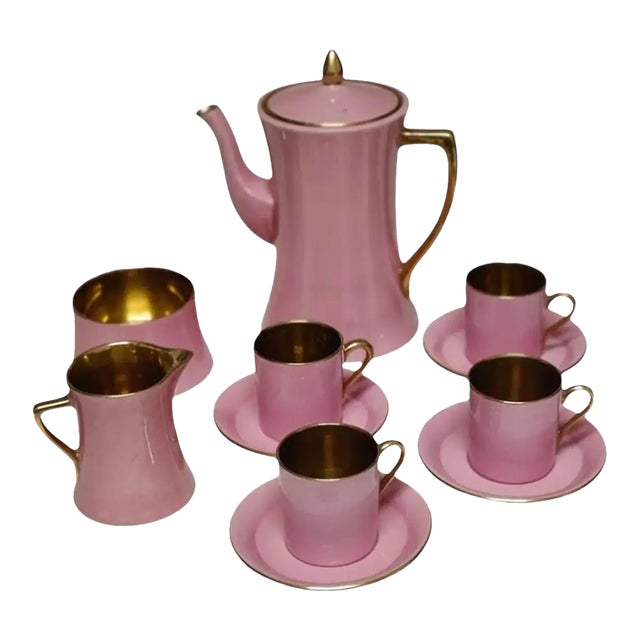 1940s Carlton Ware Pink Demitasse Set With Gold Gilt Trim- 11 Pieces For Sale