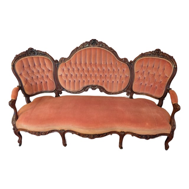 Sofa Antique Victorian Walnut Tufted Parlor Sofa, Carved Frame, c.1890 For Sale