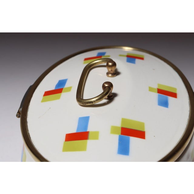 German Art Deco Ceramic and Brass Biscuit Tin With Geometric Motif For Sale - Image 12 of 18