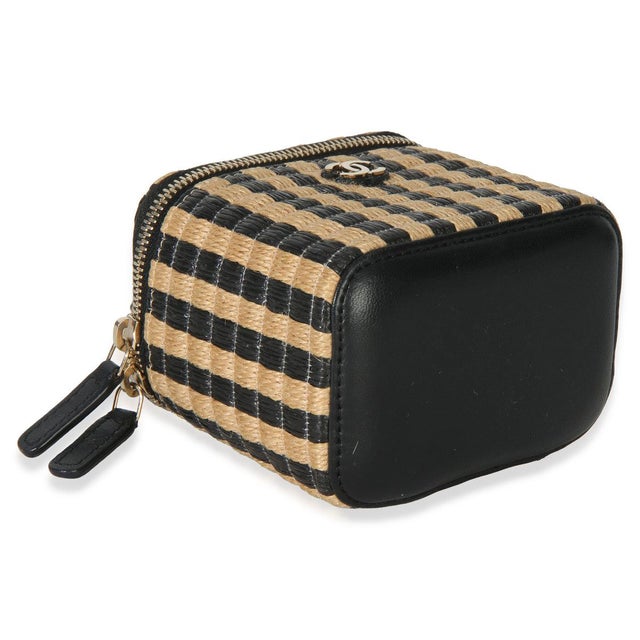 Black Beige Raffia Jute Striped Mini Vanity Case With Chain For Sale In New York - Image 6 of 9