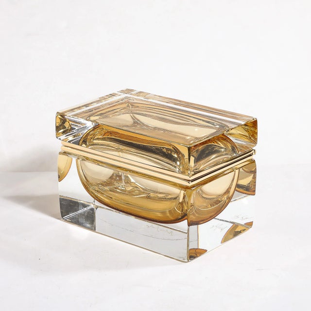 Modernist Hand-Blown Amber Murano Glass Box With Brass Fittings For Sale - Image 12 of 12