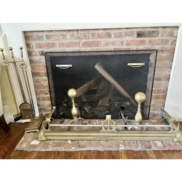 Vintage Brass Fireplace Screen, Andirons & Tool Set- 8 Pieces For Sale - Image 11 of 11