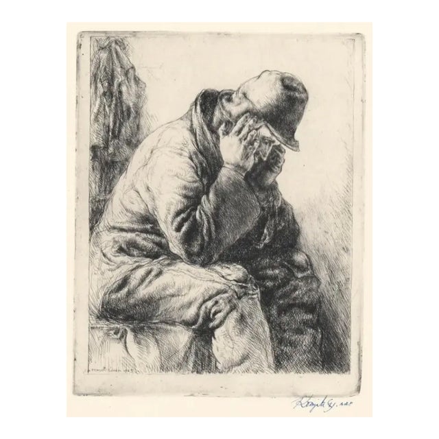1930s Etching of a Distressed Man For Sale