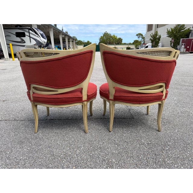 Red 1940s French Provincial Fauteuil Carved Wood Upholstered Chairs For Sale - Image 8 of 17