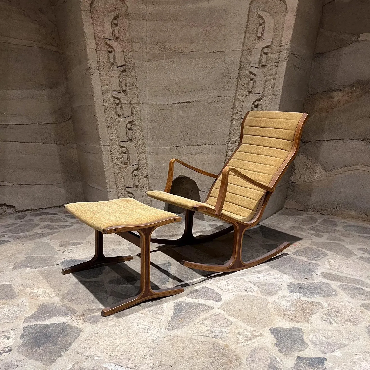 1966 Tendo Mokko Heron High Back Rocking Chair Ottoman Japan
