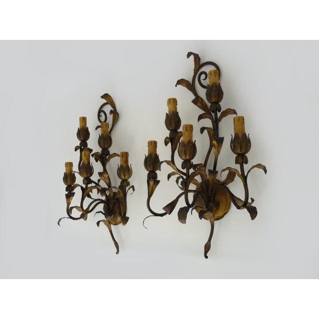 Vintage Italian Foliage Flower Wall Lights in Gold Metal, 1950s For Sale - Image 3 of 10