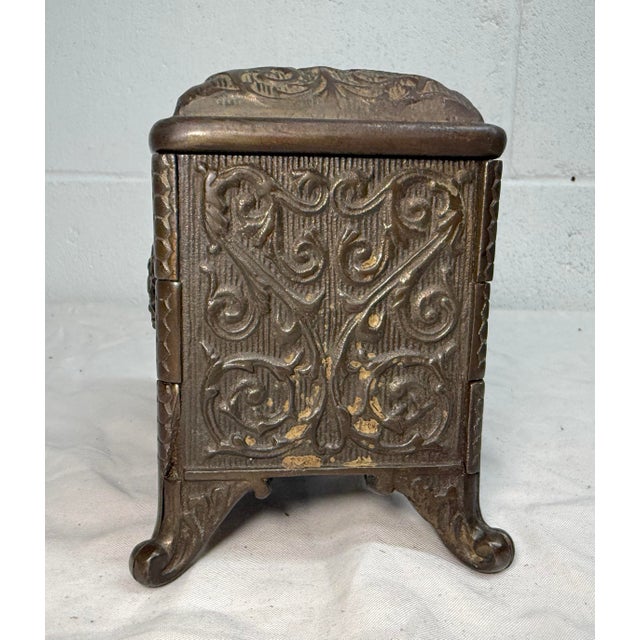 Bronze Rare Antique Ornate 1890 Cast Iron Jewel Chest (Coffin Bank) by Hart Co. Usa For Sale - Image 8 of 15