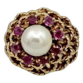 18k Yellow Gold Domed Basket-Weave Pearl and Ruby Cocktail Ring For Sale