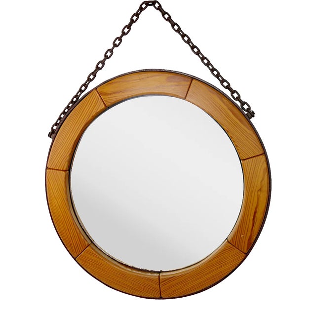 Mid-Century Modern Round Wall Mirror with Segmented Wooden Frame & Steel Chain For Sale
