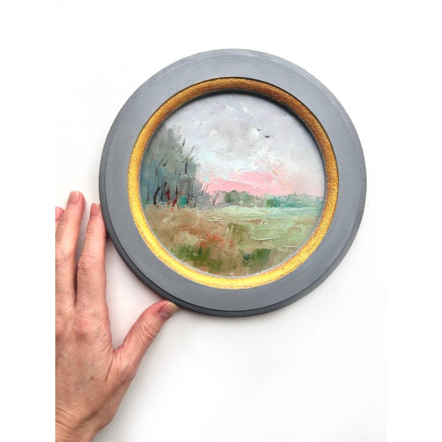 Pink Original Oil Painting Framed, Pink Sunrise Landscape Miniature Art by Valeriya Serova For Sale - Image 8 of 11