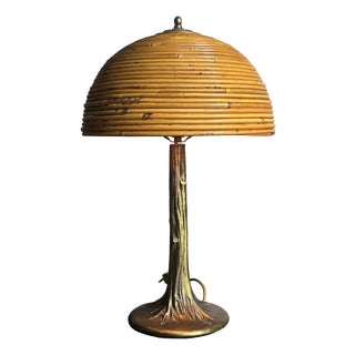 Mid-Century Pencil Reed Rattan Bamboo and Brass Table Lamp, 1970s For Sale