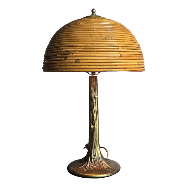 Mid-Century Pencil Reed Rattan Bamboo and Brass Table Lamp, 1970s For Sale